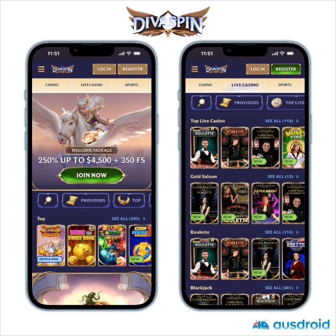 Divaspin screenshots showing the casino's operation on mobile