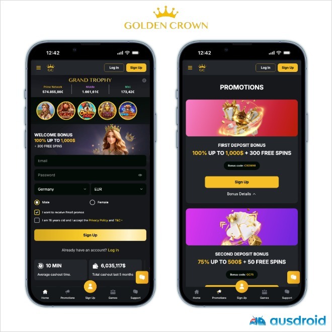 phones showing screenshots of golden crown casino