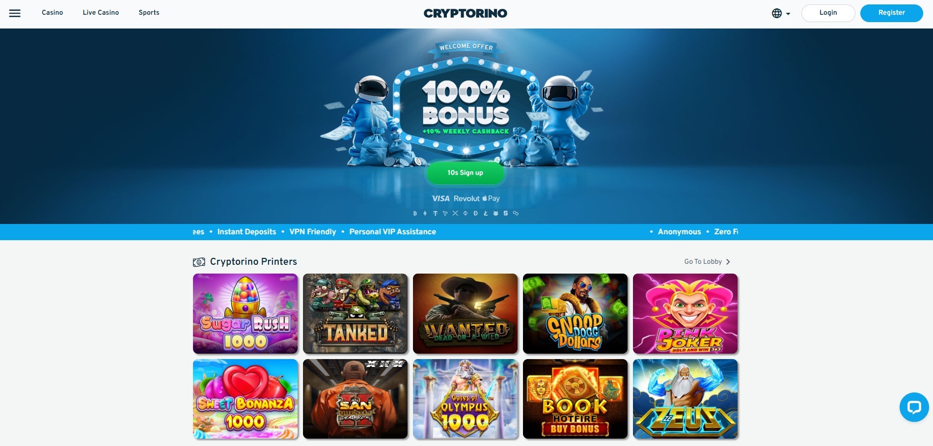Cryptorino – Best Overall No Verification Casino for Australians